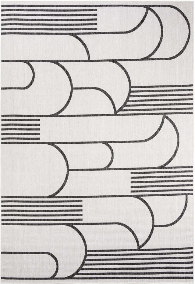White and Black 7' 1 x 10' Outdoor Modern Rectangle Area Rug Weather Resistant for Patio, Deck, Terrace, Balcony, Porch 100% Polypropylene Modern Outside Carpet for Sale at Rug Engine