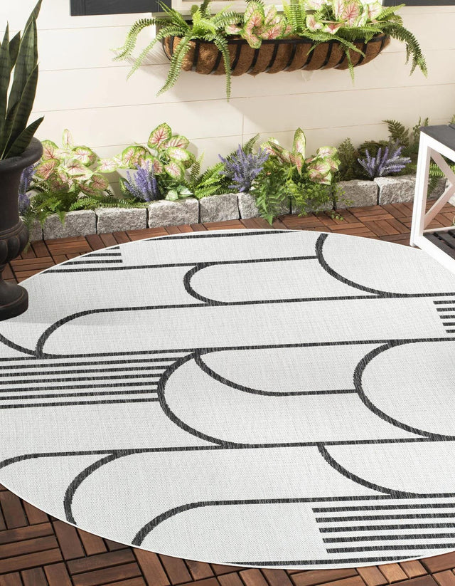 White and Black 6' 1 x 6' 1 Outdoor Modern Round Area Rug Weather Resistant for Patio, Deck, Terrace, Balcony, Porch 100% Polypropylene Modern Outside Carpet for Sale at Rug Engine