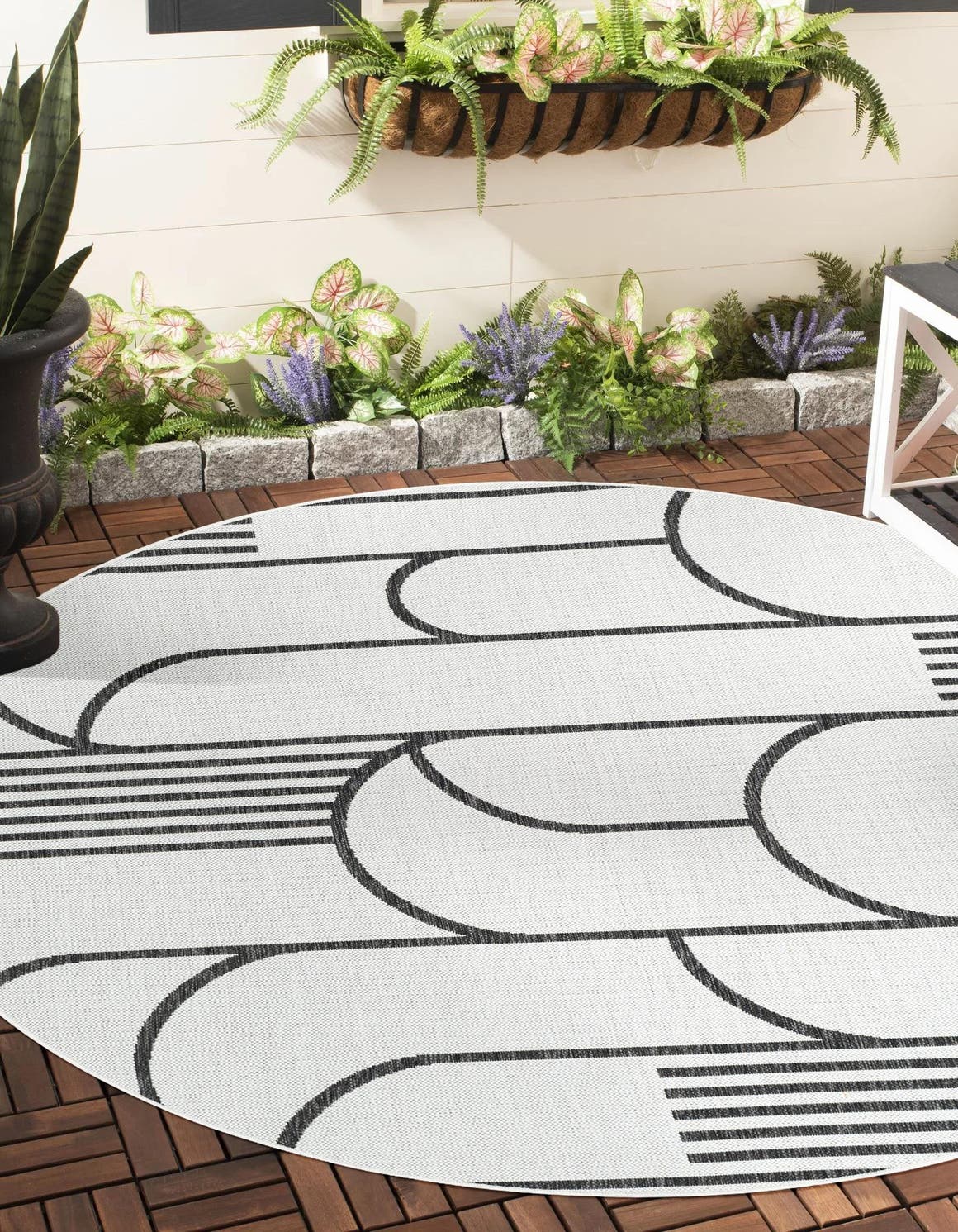 White and Black 3' 1 x 3' 1 Outdoor Modern Round Area Rug Weather Resistant for Patio, Deck, Terrace, Balcony, Porch 100% Polypropylene Modern Outside Carpet for Sale at Rug Engine
