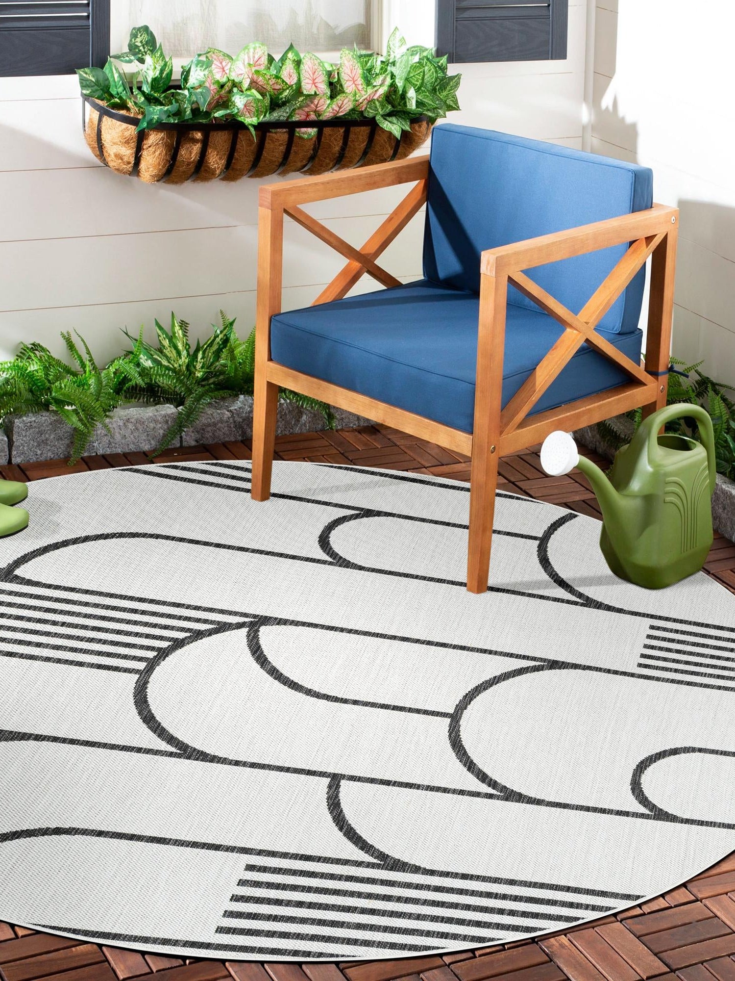 White and Black 12' x 12' Outdoor Modern Round Area Rug Weather Resistant for Patio, Deck, Terrace, Balcony, Porch 100% Polypropylene Modern Outside Carpet for Sale at Rug Engine