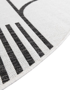White and Black 7' 10 x 7' 10 Outdoor Modern Round Area Rug Weather Resistant for Patio, Deck, Terrace, Balcony, Porch 100% Polypropylene Modern Outside Carpet for Sale at Rug Engine