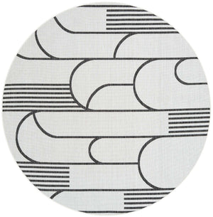 White and Black 7' 10 x 7' 10 Outdoor Modern Round Area Rug Weather Resistant for Patio, Deck, Terrace, Balcony, Porch 100% Polypropylene Modern Outside Carpet for Sale at Rug Engine