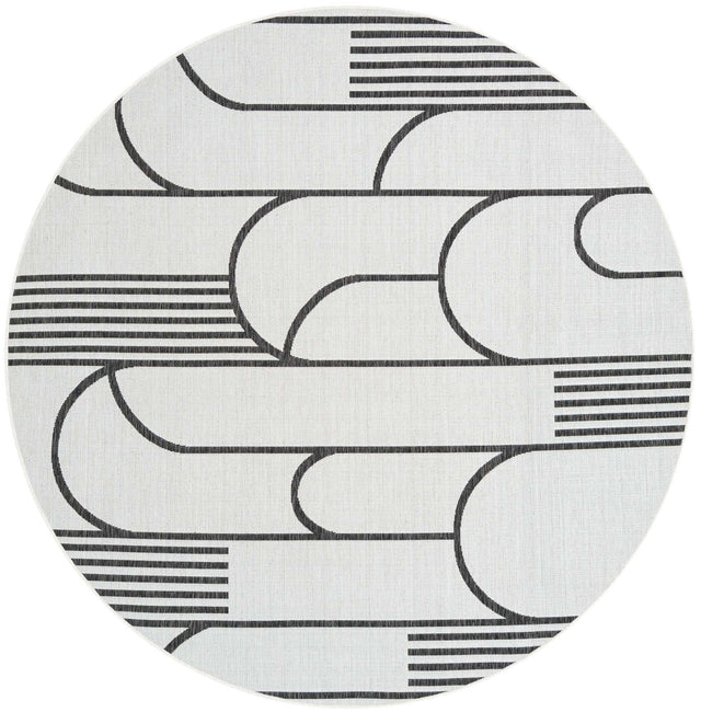 White and Black 7' 10 x 7' 10 Outdoor Modern Round Area Rug Weather Resistant for Patio, Deck, Terrace, Balcony, Porch 100% Polypropylene Modern Outside Carpet for Sale at Rug Engine