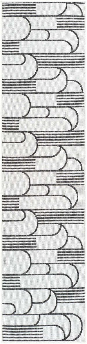 White and Black 2' x 8' Outdoor Modern Runner Area Rug Weather Resistant for Patio, Deck, Terrace, Balcony, Porch 100% Polypropylene Modern Outside Carpet for Sale at Rug Engine