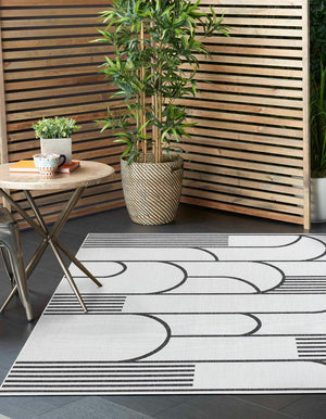 White and Black 10' x 10' Outdoor Modern Square Area Rug Weather Resistant for Patio, Deck, Terrace, Balcony, Porch 100% Polypropylene Modern Outside Carpet for Sale at Rug Engine