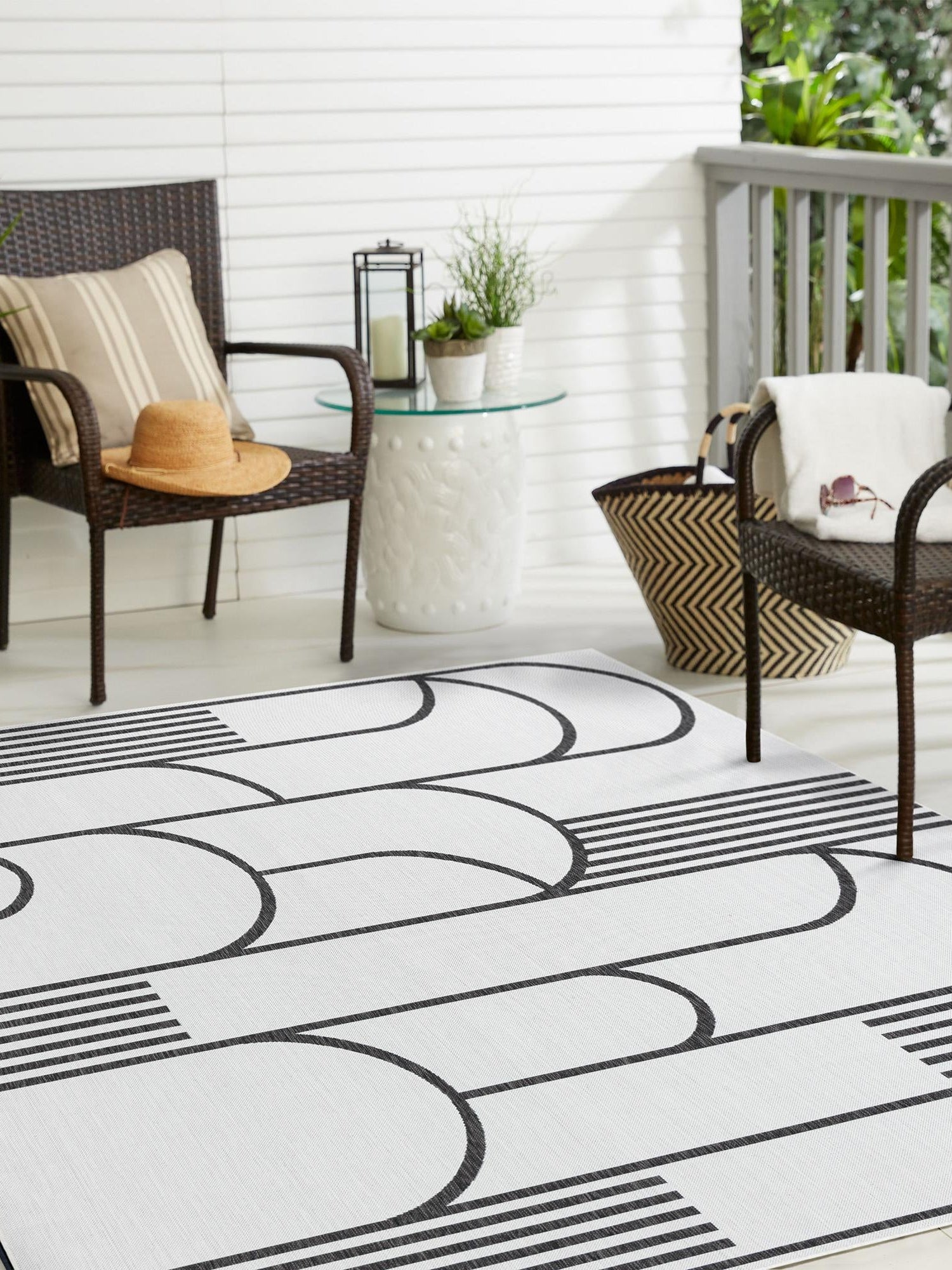 White and Black 10' x 10' Outdoor Modern Square Area Rug Weather Resistant for Patio, Deck, Terrace, Balcony, Porch 100% Polypropylene Modern Outside Carpet for Sale at Rug Engine