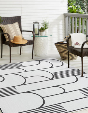 White and Black 10' x 10' Outdoor Modern Square Area Rug Weather Resistant for Patio, Deck, Terrace, Balcony, Porch 100% Polypropylene Modern Outside Carpet for Sale at Rug Engine