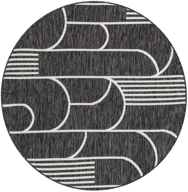 Black and White 4' 1 x 4' 1 Outdoor Modern Round Area Rug Weather Resistant for Patio, Deck, Terrace, Balcony, Porch 100% Polypropylene Modern Outside Carpet for Sale at Rug Engine