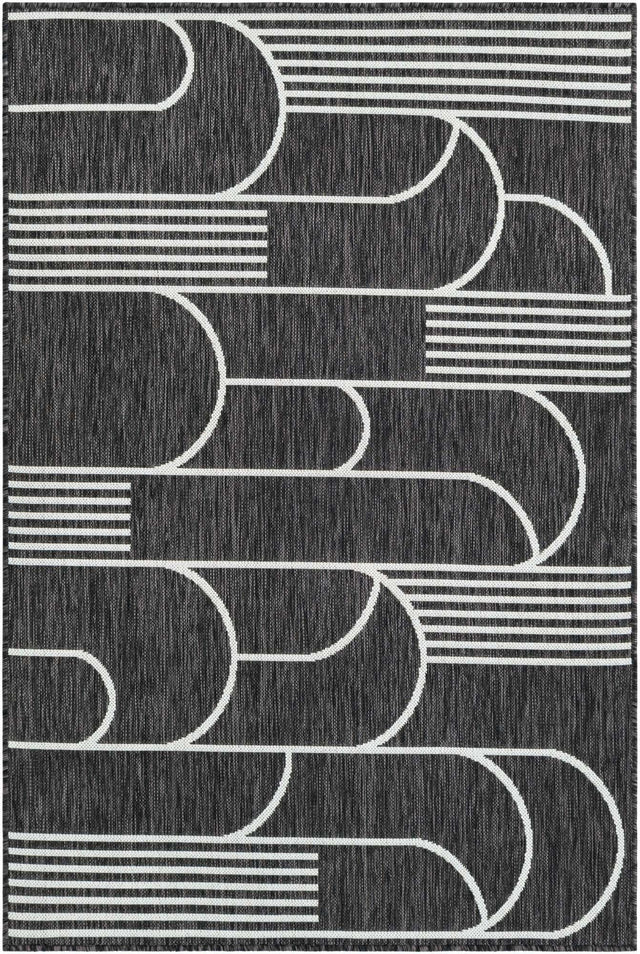 Black and White 4' 1 x 6' 1 Outdoor Modern Rectangle Area Rug Weather Resistant for Patio, Deck, Terrace, Balcony, Porch 100% Polypropylene Modern Outside Carpet for Sale at Rug Engine