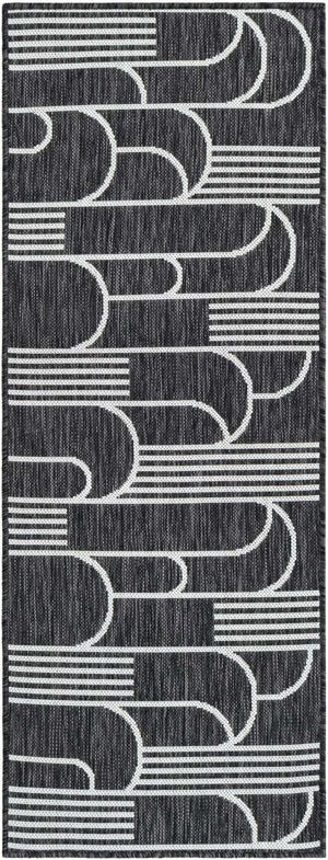 Black and White 2' x 5' 3 Outdoor Modern Runner Area Rug Weather Resistant for Patio, Deck, Terrace, Balcony, Porch 100% Polypropylene Modern Outside Carpet for Sale at Rug Engine