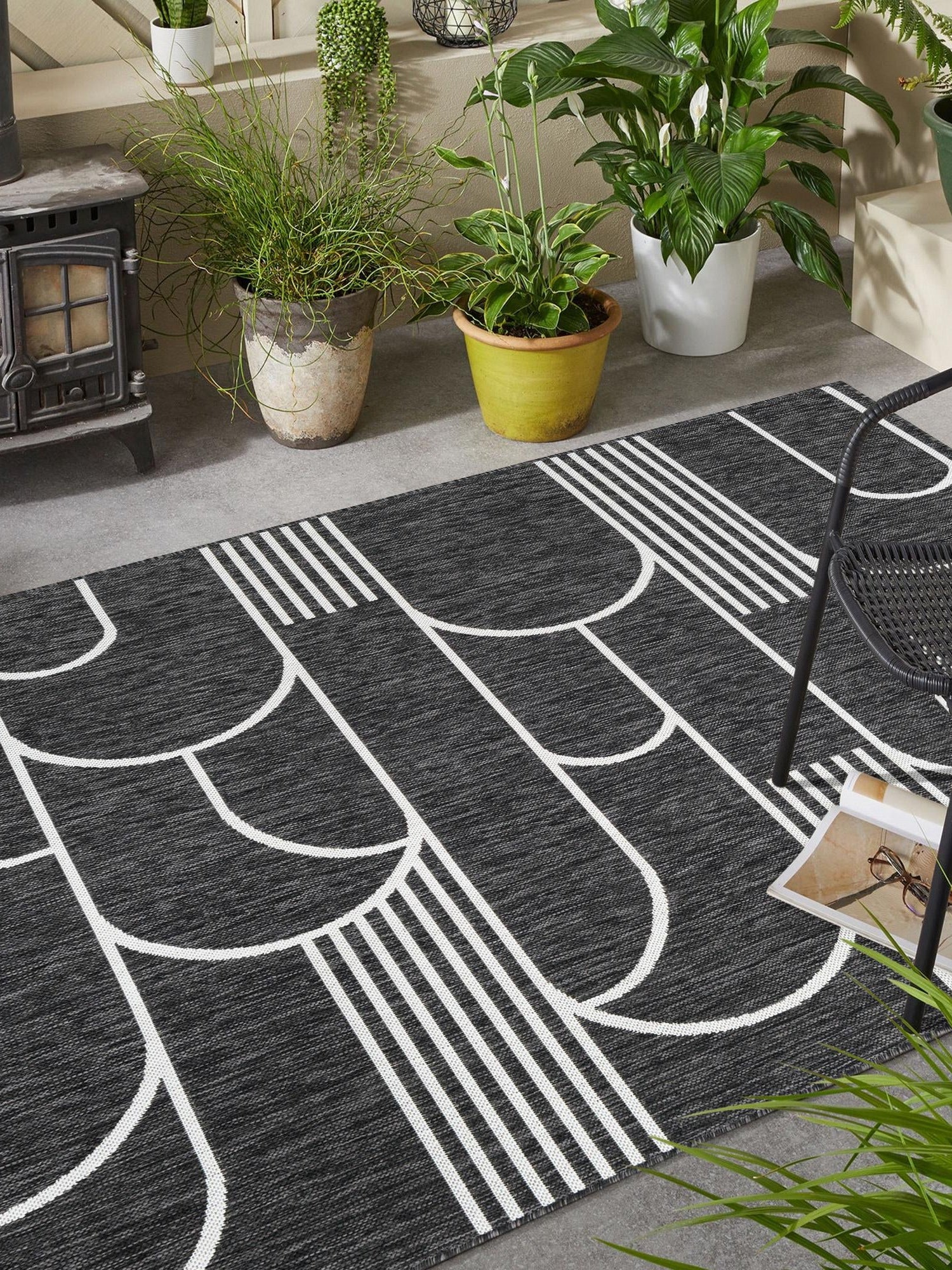 Black and White 7' 1 x 10' Outdoor Modern Rectangle Area Rug Weather Resistant for Patio, Deck, Terrace, Balcony, Porch 100% Polypropylene Modern Outside Carpet for Sale at Rug Engine