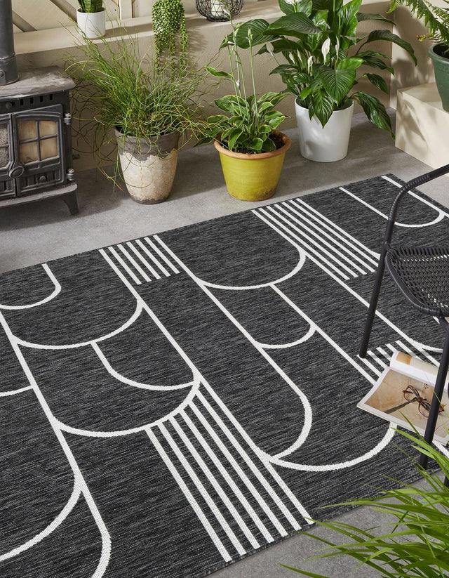 Black and White 9' x 12' Outdoor Modern Rectangle Area Rug Weather Resistant for Patio, Deck, Terrace, Balcony, Porch 100% Polypropylene Modern Outside Carpet for Sale at Rug Engine