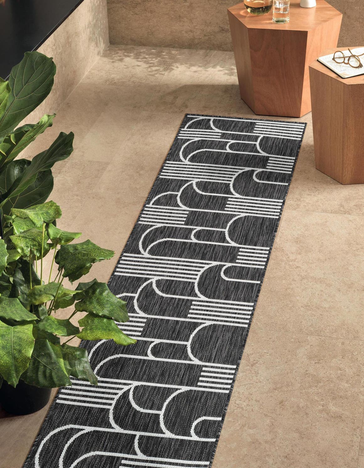 Black and White 2' x 8' Outdoor Modern Runner Area Rug Weather Resistant for Patio, Deck, Terrace, Balcony, Porch 100% Polypropylene Modern Outside Carpet for Sale at Rug Engine