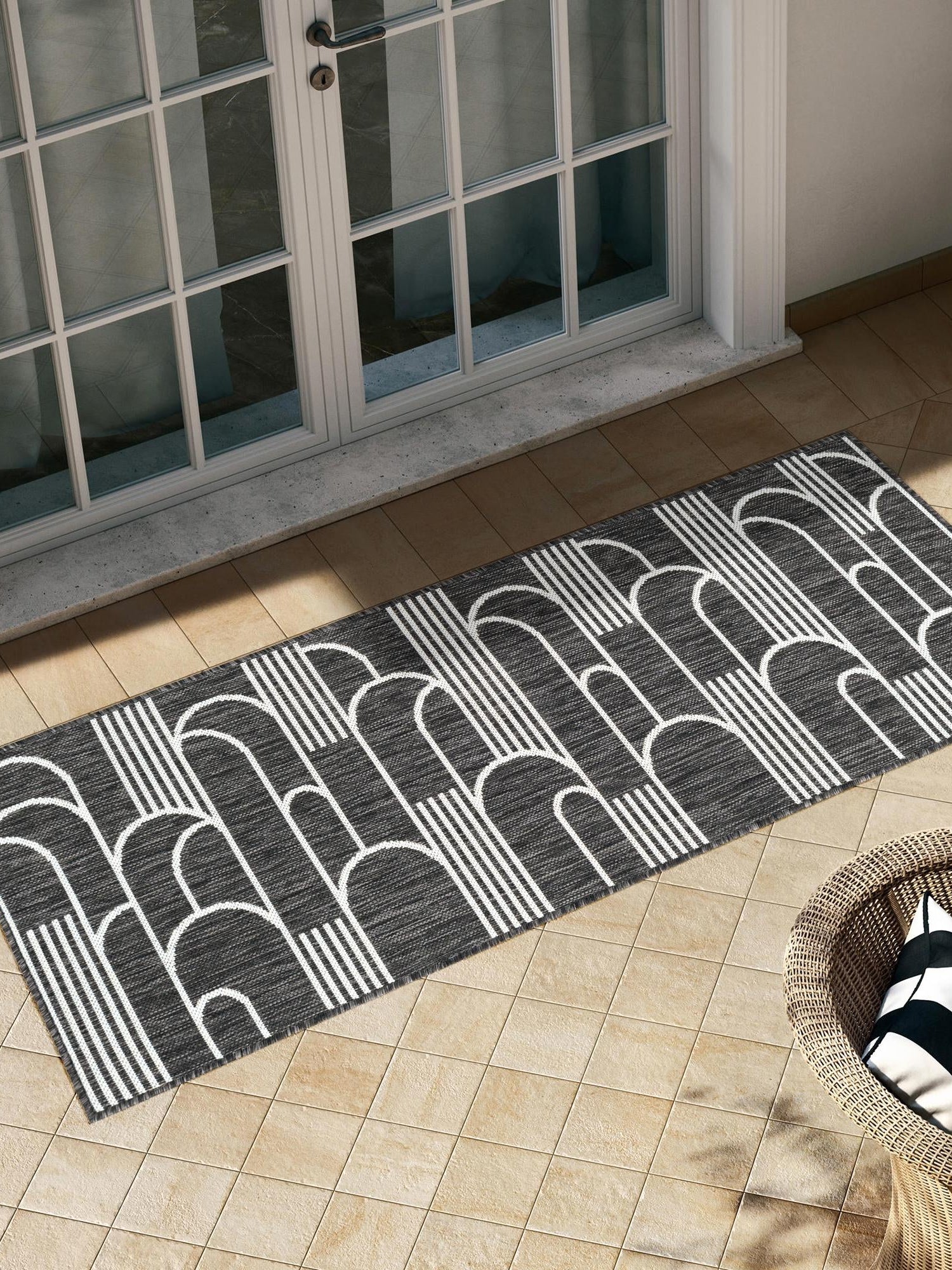 Black and White 2' x 6' 1 Outdoor Modern Runner Area Rug Weather Resistant for Patio, Deck, Terrace, Balcony, Porch 100% Polypropylene Modern Outside Carpet for Sale at Rug Engine