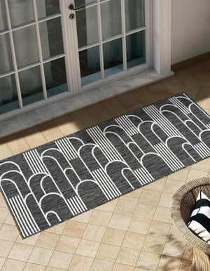 Black and White 2' x 5' 3 Outdoor Modern Runner Area Rug Weather Resistant for Patio, Deck, Terrace, Balcony, Porch 100% Polypropylene Modern Outside Carpet for Sale at Rug Engine