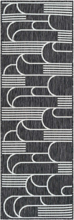 Black and White 2' x 6' 1 Outdoor Modern Runner Area Rug Weather Resistant for Patio, Deck, Terrace, Balcony, Porch 100% Polypropylene Modern Outside Carpet for Sale at Rug Engine