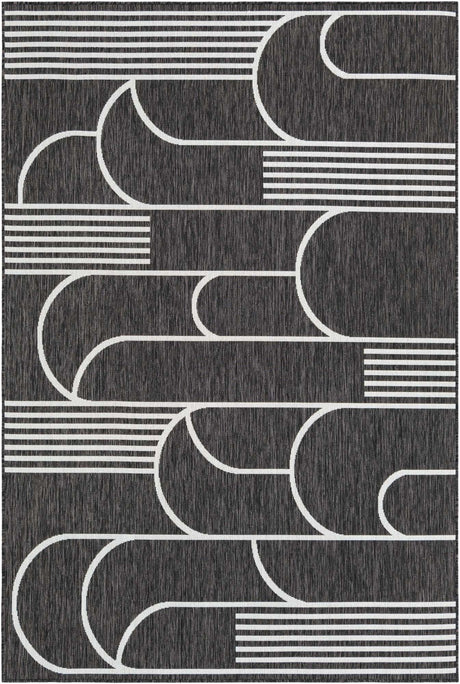 Black and White 6' 1 x 9' Outdoor Modern Rectangle Area Rug Weather Resistant for Patio, Deck, Terrace, Balcony, Porch 100% Polypropylene Modern Outside Carpet for Sale at Rug Engine