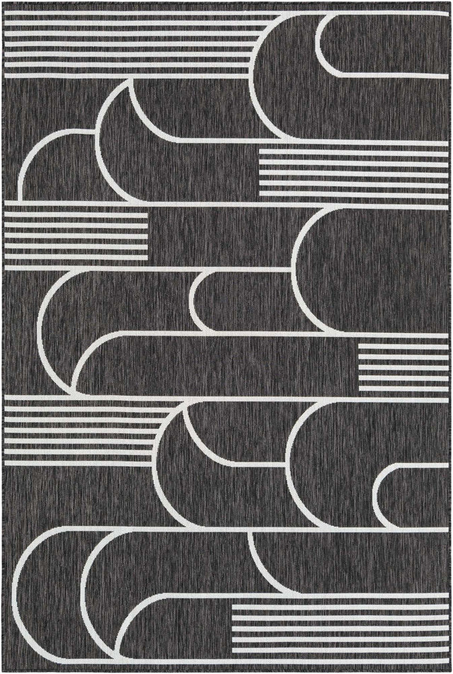 Black and White 6' 1 x 9' Outdoor Modern Rectangle Area Rug Weather Resistant for Patio, Deck, Terrace, Balcony, Porch 100% Polypropylene Modern Outside Carpet for Sale at Rug Engine