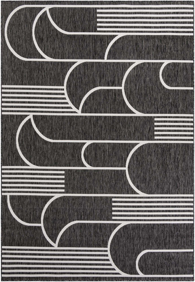 Black and White 7' 1 x 10' Outdoor Modern Rectangle Area Rug Weather Resistant for Patio, Deck, Terrace, Balcony, Porch 100% Polypropylene Modern Outside Carpet for Sale at Rug Engine