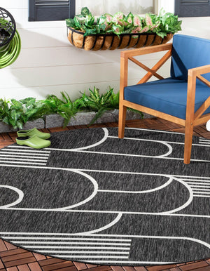Black and White 7' 10 x 7' 10 Outdoor Modern Round Area Rug Weather Resistant for Patio, Deck, Terrace, Balcony, Porch 100% Polypropylene Modern Outside Carpet for Sale at Rug Engine