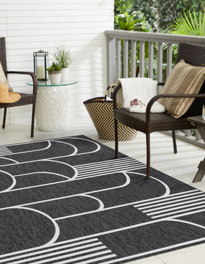 Black and White 7' 10 x 7' 10 Outdoor Modern Square Area Rug Weather Resistant for Patio, Deck, Terrace, Balcony, Porch 100% Polypropylene Modern Outside Carpet for Sale at Rug Engine