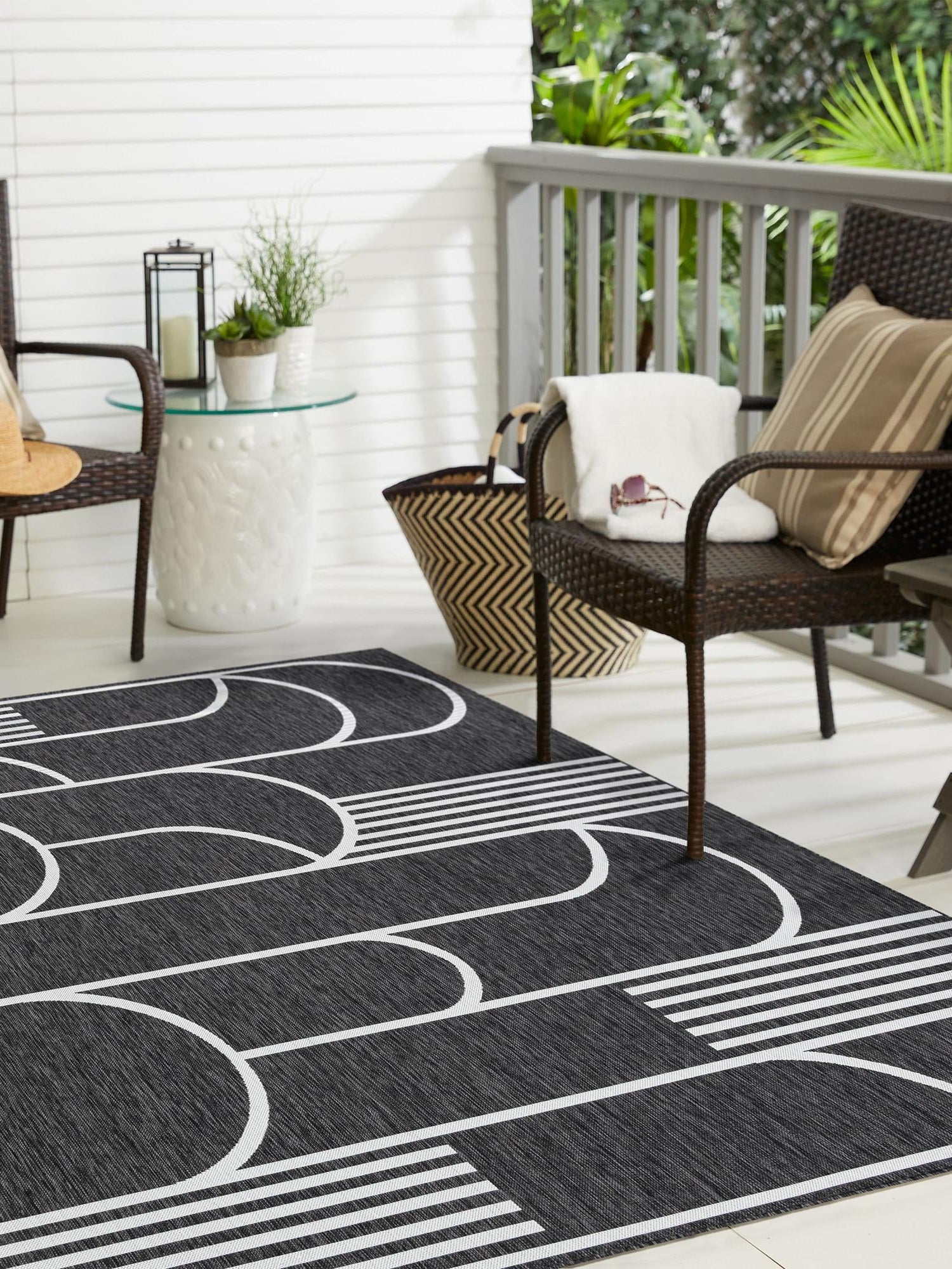 Black and White 12' x 12' Outdoor Modern Square Area Rug Weather Resistant for Patio, Deck, Terrace, Balcony, Porch 100% Polypropylene Modern Outside Carpet for Sale at Rug Engine