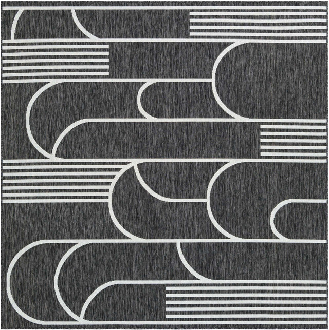 Black and White 7' 10 x 7' 10 Outdoor Modern Square Area Rug Weather Resistant for Patio, Deck, Terrace, Balcony, Porch 100% Polypropylene Modern Outside Carpet for Sale at Rug Engine