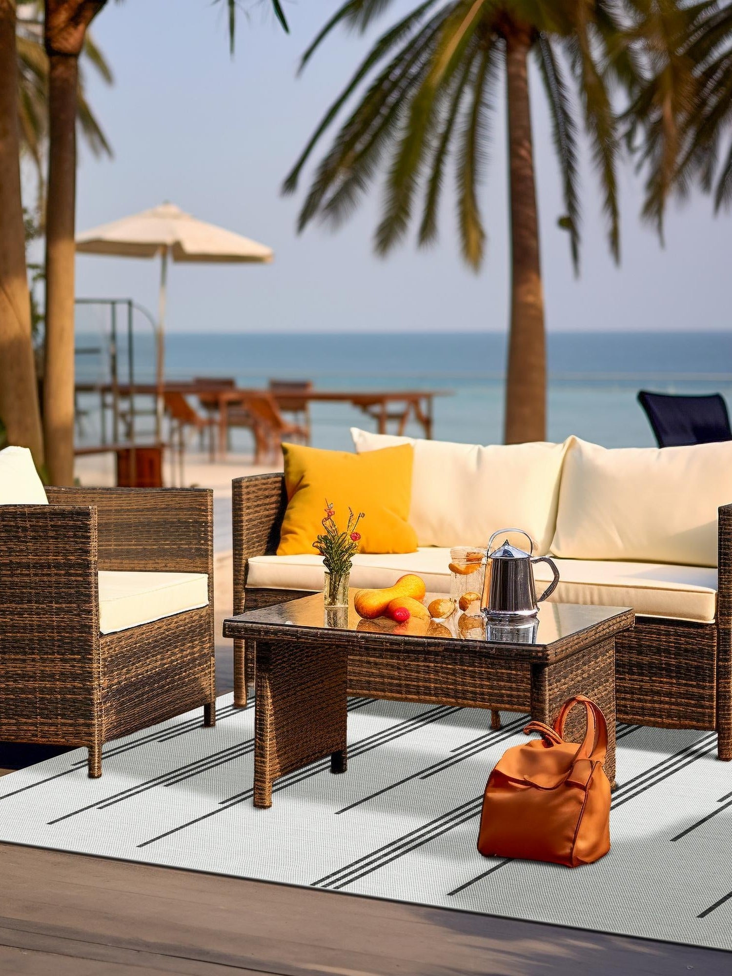 White and Black 4' 1 x 6' 1 Outdoor Modern Rectangle Area Rug Weather Resistant for Patio, Deck, Terrace, Balcony, Porch 100% Polypropylene Modern Outside Carpet for Sale at Rug Engine