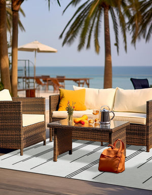 White and Black 5' 3 x 8' Outdoor Modern Rectangle Area Rug Weather Resistant for Patio, Deck, Terrace, Balcony, Porch 100% Polypropylene Modern Outside Carpet for Sale at Rug Engine