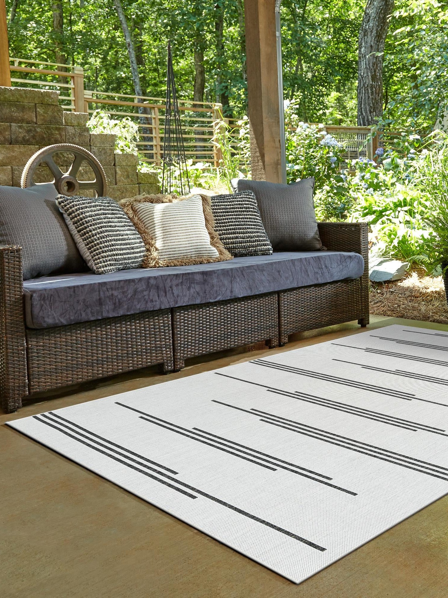 White and Black 9' x 12' Outdoor Modern Rectangle Area Rug Weather Resistant for Patio, Deck, Terrace, Balcony, Porch 100% Polypropylene Modern Outside Carpet for Sale at Rug Engine