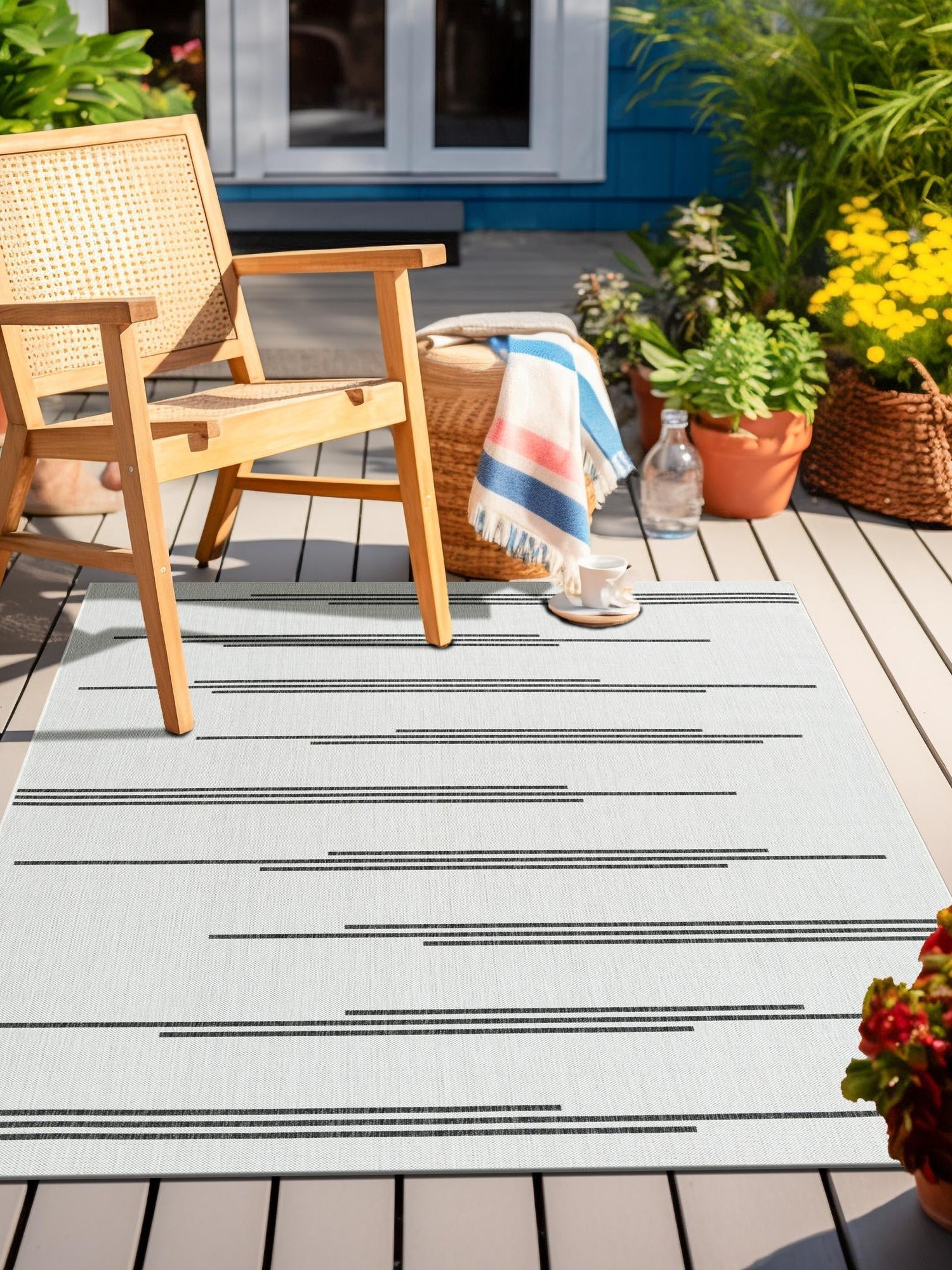 White and Black 7' 10 x 10' Outdoor Modern Rectangle Area Rug Weather Resistant for Patio, Deck, Terrace, Balcony, Porch 100% Polypropylene Modern Outside Carpet for Sale at Rug Engine