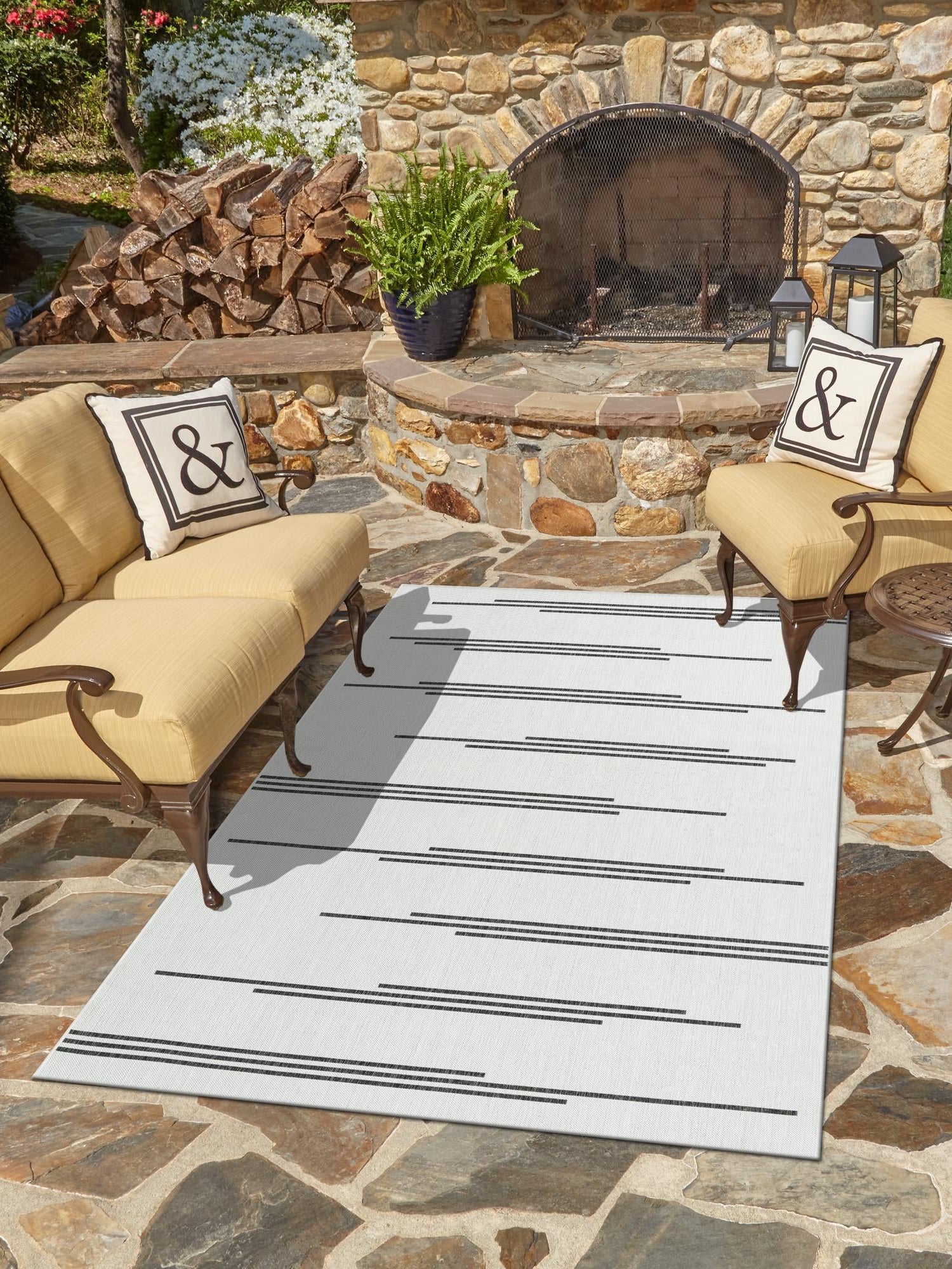 White and Black 5' 3 x 8' Outdoor Modern Rectangle Area Rug Weather Resistant for Patio, Deck, Terrace, Balcony, Porch 100% Polypropylene Modern Outside Carpet for Sale at Rug Engine