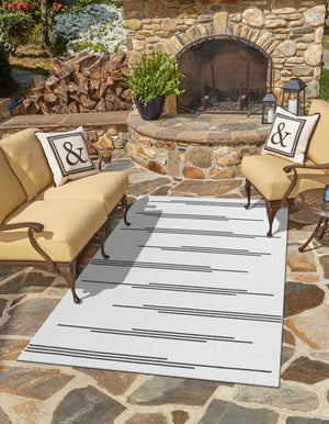 White and Black 6' 1 x 9' Outdoor Modern Rectangle Area Rug Weather Resistant for Patio, Deck, Terrace, Balcony, Porch 100% Polypropylene Modern Outside Carpet for Sale at Rug Engine