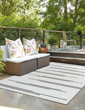 White and Black 4' 1 x 6' 1 Outdoor Modern Rectangle Area Rug Weather Resistant for Patio, Deck, Terrace, Balcony, Porch 100% Polypropylene Modern Outside Carpet for Sale at Rug Engine