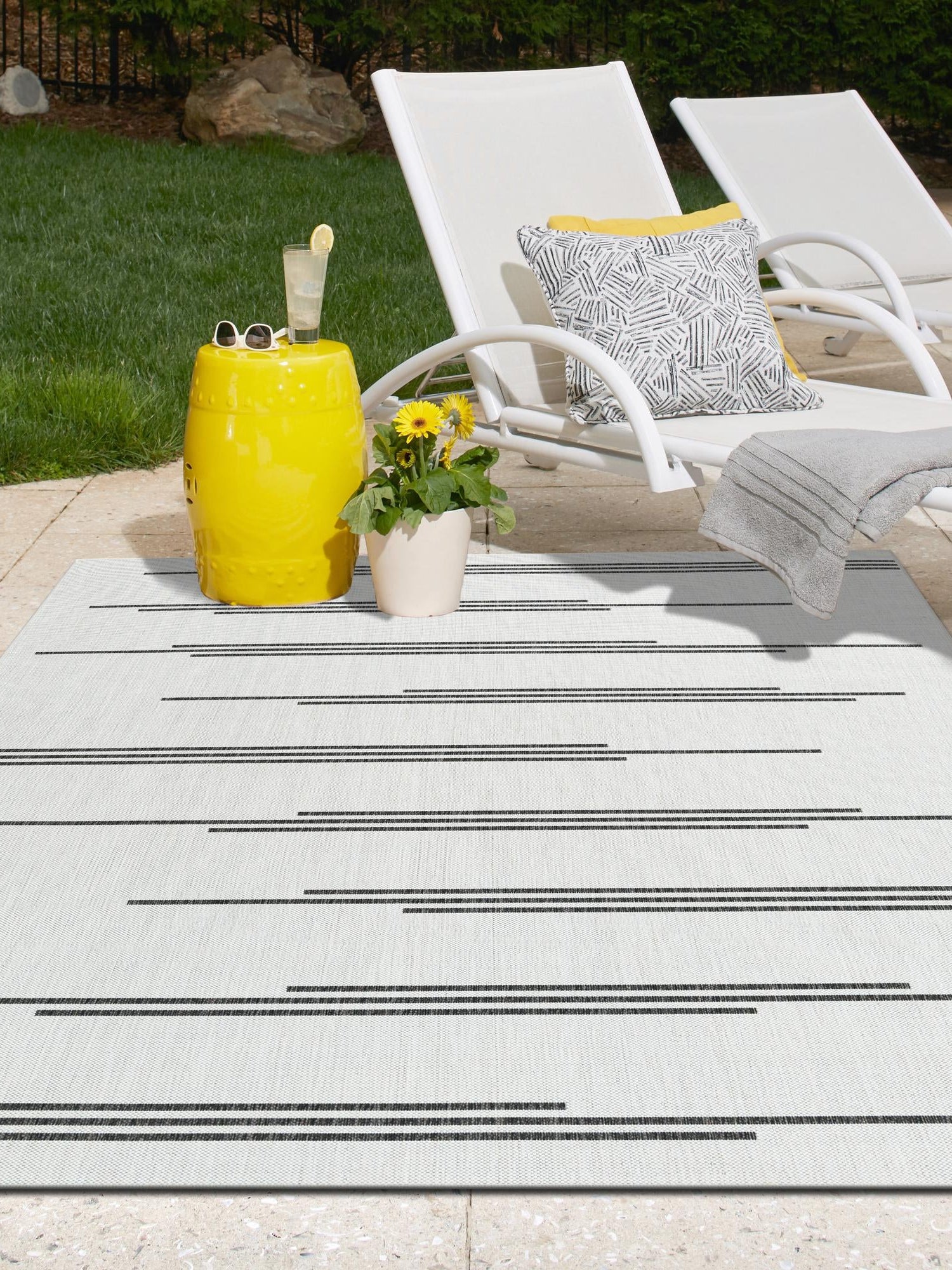 White and Black 9' x 12' Outdoor Modern Rectangle Area Rug Weather Resistant for Patio, Deck, Terrace, Balcony, Porch 100% Polypropylene Modern Outside Carpet for Sale at Rug Engine