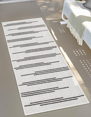 White and Black 2' x 8' Outdoor Modern Runner Area Rug Weather Resistant for Patio, Deck, Terrace, Balcony, Porch 100% Polypropylene Modern Outside Carpet for Sale at Rug Engine