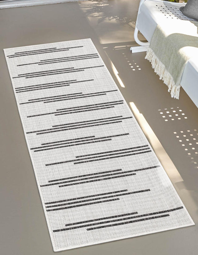White and Black 2' x 6' 1 Outdoor Modern Runner Area Rug Weather Resistant for Patio, Deck, Terrace, Balcony, Porch 100% Polypropylene Modern Outside Carpet for Sale at Rug Engine