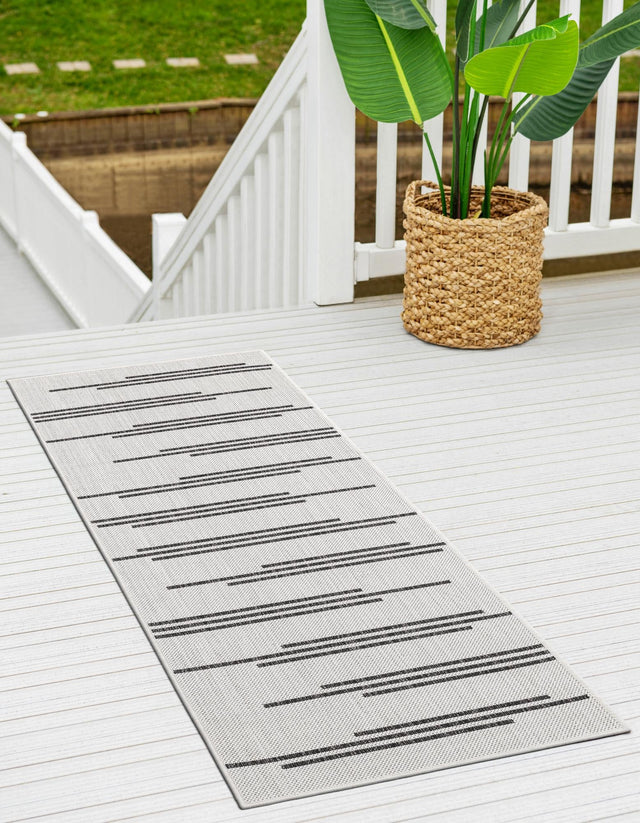 White and Black 2' x 8' Outdoor Modern Runner Area Rug Weather Resistant for Patio, Deck, Terrace, Balcony, Porch 100% Polypropylene Modern Outside Carpet for Sale at Rug Engine
