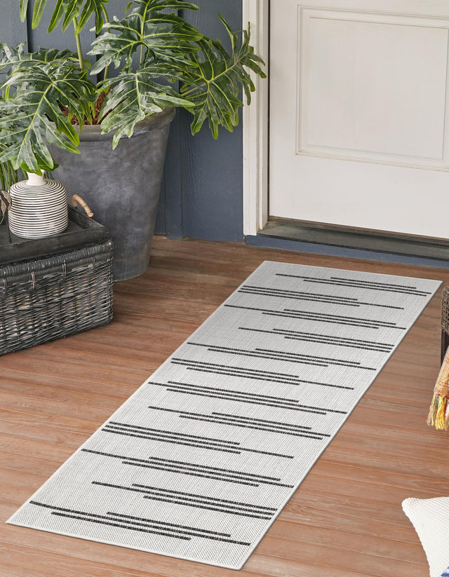 White and Black 2' x 6' 1 Outdoor Modern Runner Area Rug Weather Resistant for Patio, Deck, Terrace, Balcony, Porch 100% Polypropylene Modern Outside Carpet for Sale at Rug Engine