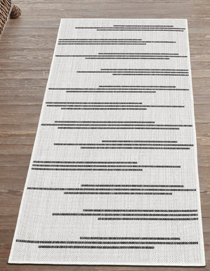 White and Black 2' x 6' 1 Outdoor Modern Runner Area Rug Weather Resistant for Patio, Deck, Terrace, Balcony, Porch 100% Polypropylene Modern Outside Carpet for Sale at Rug Engine