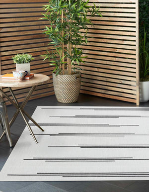 White and Black 10' x 10' Outdoor Modern Square Area Rug Weather Resistant for Patio, Deck, Terrace, Balcony, Porch 100% Polypropylene Modern Outside Carpet for Sale at Rug Engine