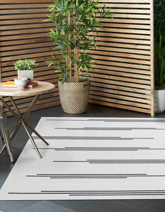 White and Black 10' x 10' Outdoor Modern Square Area Rug Weather Resistant for Patio, Deck, Terrace, Balcony, Porch 100% Polypropylene Modern Outside Carpet for Sale at Rug Engine