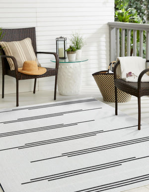 White and Black 10' x 10' Outdoor Modern Square Area Rug Weather Resistant for Patio, Deck, Terrace, Balcony, Porch 100% Polypropylene Modern Outside Carpet for Sale at Rug Engine