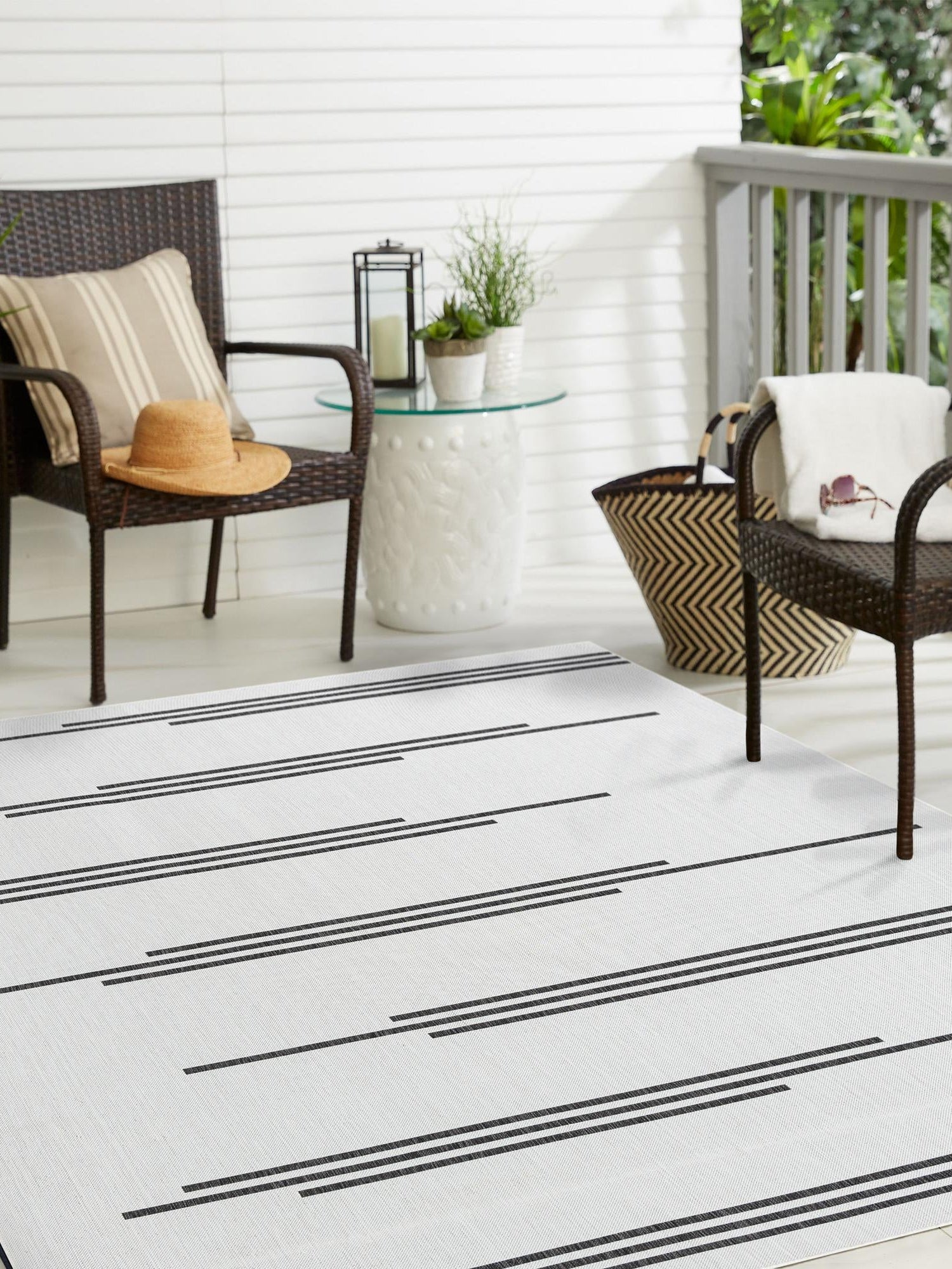 White and Black 7' 10 x 7' 10 Outdoor Modern Square Area Rug Weather Resistant for Patio, Deck, Terrace, Balcony, Porch 100% Polypropylene Modern Outside Carpet for Sale at Rug Engine
