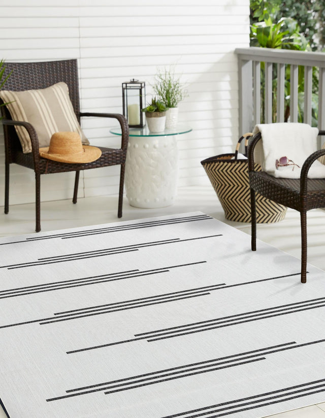 White and Black 7' 10 x 7' 10 Outdoor Modern Square Area Rug Weather Resistant for Patio, Deck, Terrace, Balcony, Porch 100% Polypropylene Modern Outside Carpet for Sale at Rug Engine