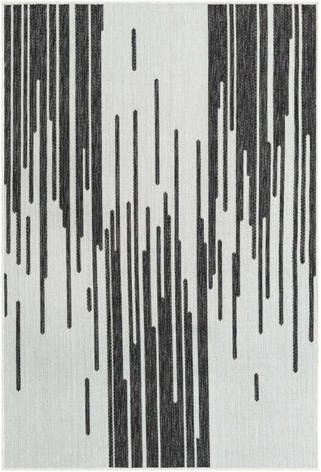Black and White 4' 1 x 6' 1 Outdoor Modern Rectangle Area Rug Weather Resistant for Patio, Deck, Terrace, Balcony, Porch 100% Polypropylene Modern Outside Carpet for Sale at Rug Engine