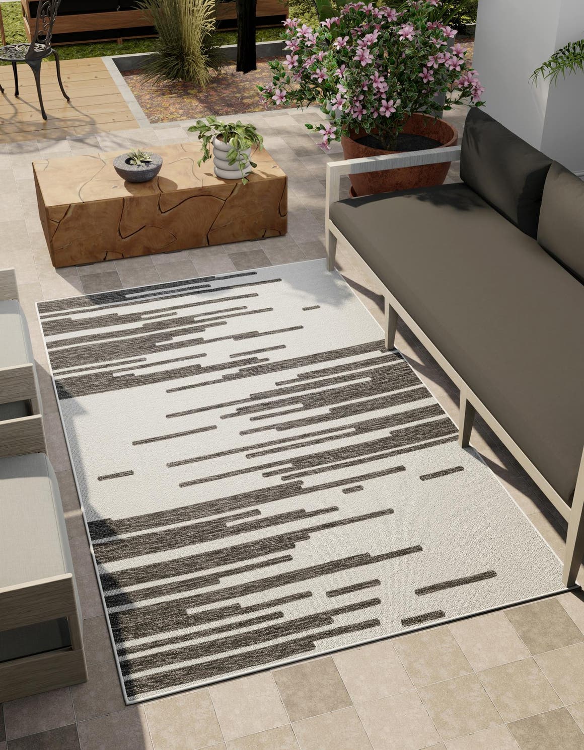 Black and White 7' 1 x 10' Outdoor Modern Rectangle Area Rug Weather Resistant for Patio, Deck, Terrace, Balcony, Porch 100% Polypropylene Modern Outside Carpet for Sale at Rug Engine