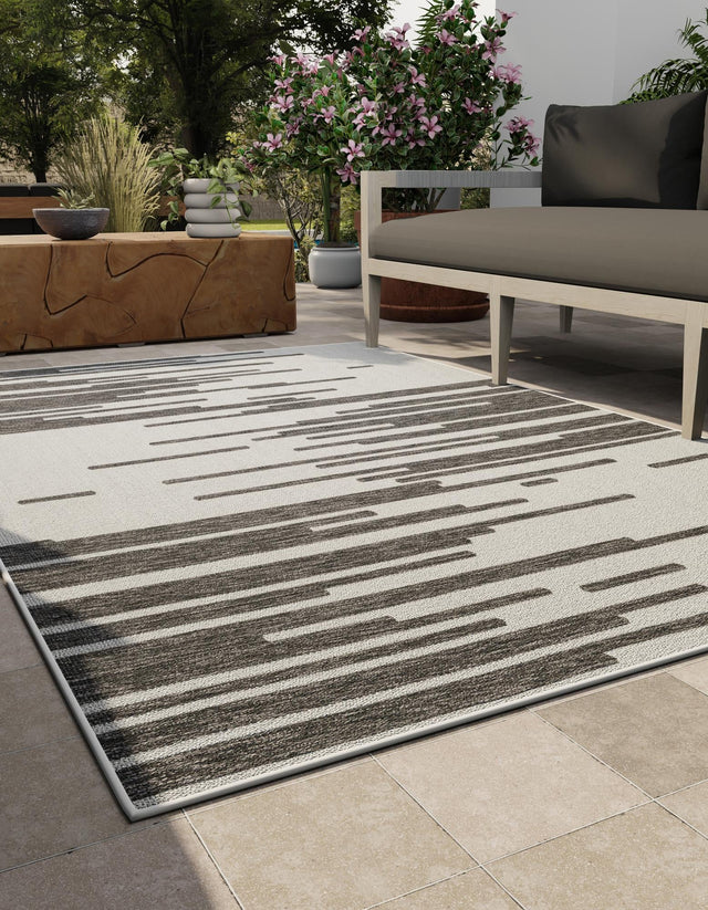 Black and White 4' 1 x 6' 1 Outdoor Modern Rectangle Area Rug Weather Resistant for Patio, Deck, Terrace, Balcony, Porch 100% Polypropylene Modern Outside Carpet for Sale at Rug Engine