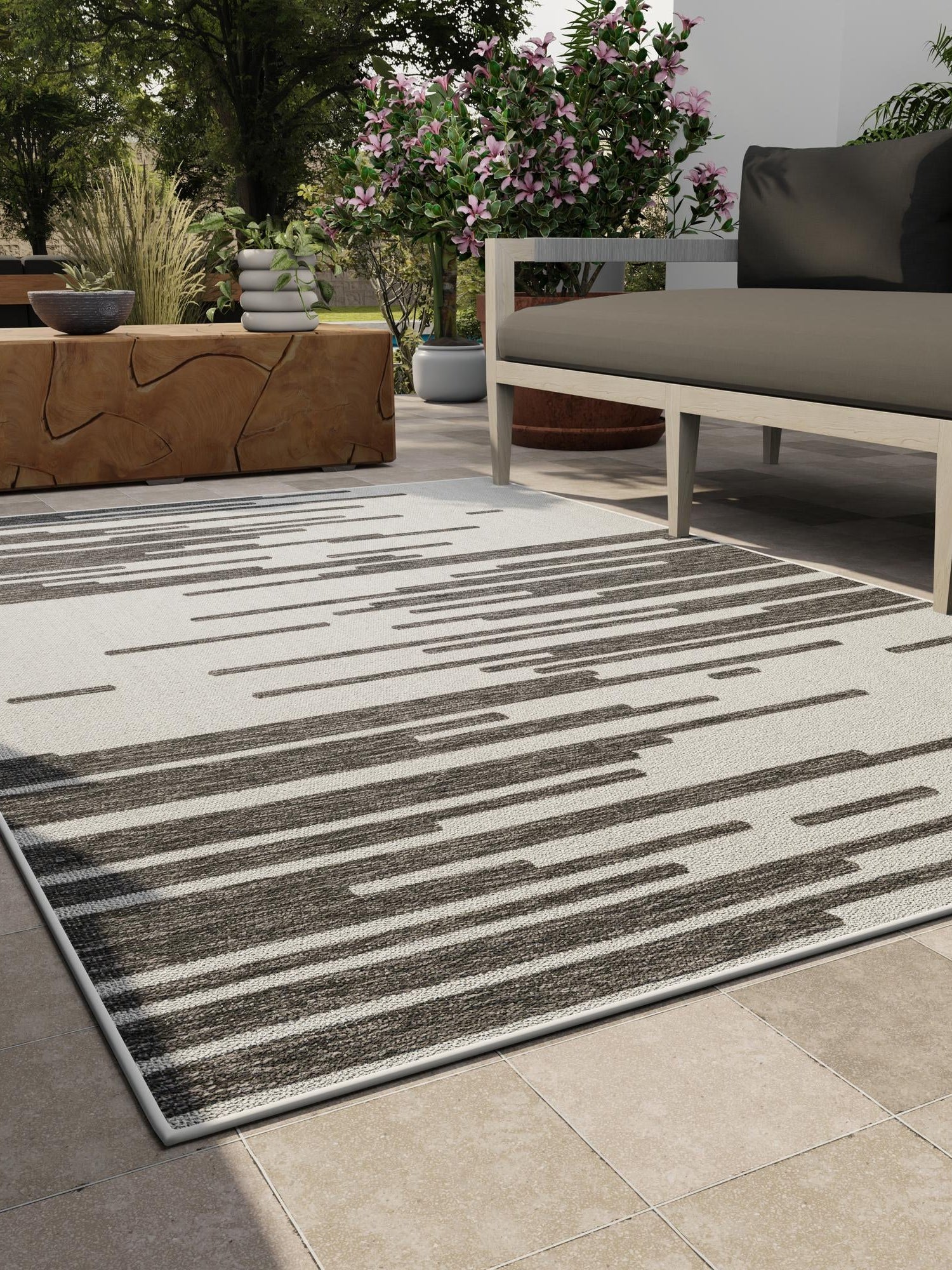 Black and White 7' 1 x 10' Outdoor Modern Rectangle Area Rug Weather Resistant for Patio, Deck, Terrace, Balcony, Porch 100% Polypropylene Modern Outside Carpet for Sale at Rug Engine