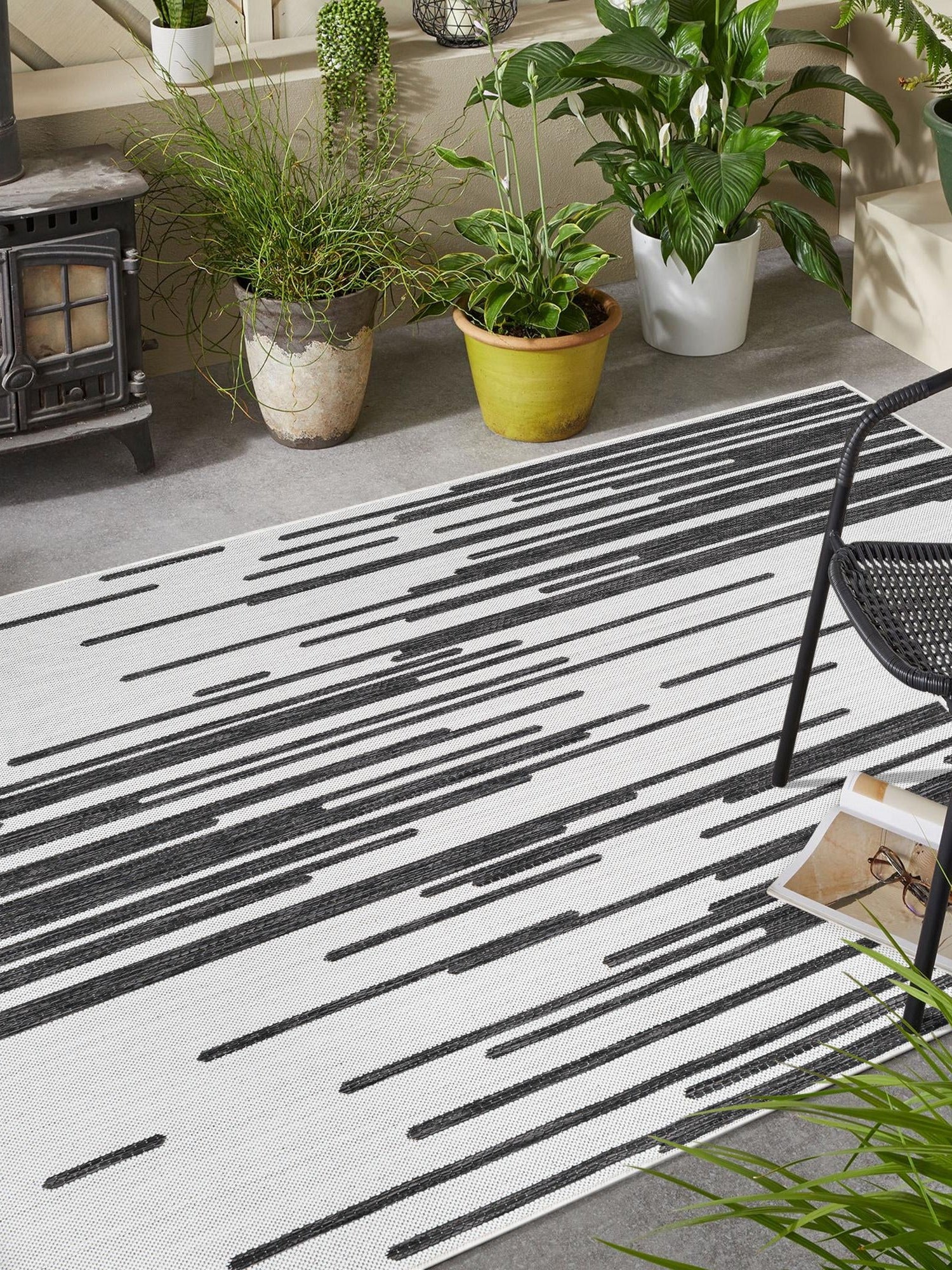 Black and White 7' 1 x 10' Outdoor Modern Rectangle Area Rug Weather Resistant for Patio, Deck, Terrace, Balcony, Porch 100% Polypropylene Modern Outside Carpet for Sale at Rug Engine